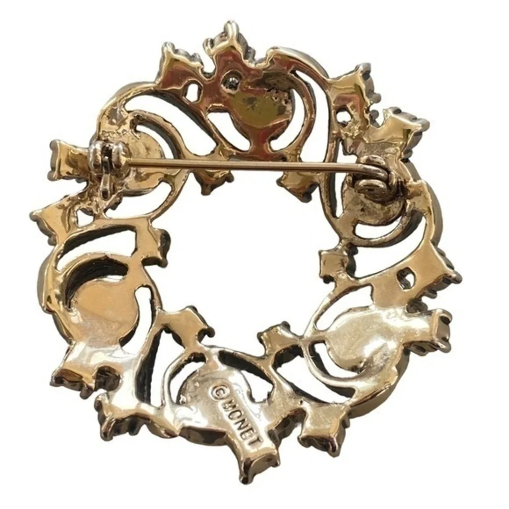 Vintage Monet Brooch Pin Rhinestones Pearls Wreath Style Gold Tone